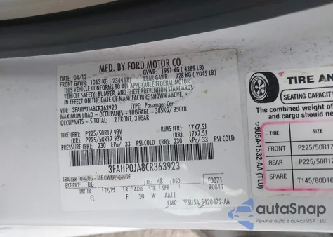 2012 Ford Fusion Sel z USA, uszkodzony, nr VIN 3FAHP0JA8CR363923